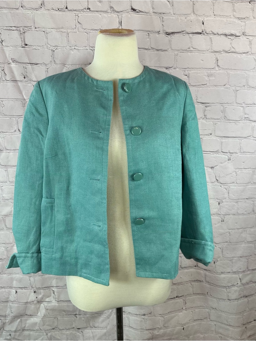 Talbots petites Teal Collarless linen Jacket 8p classic office minimalist summer